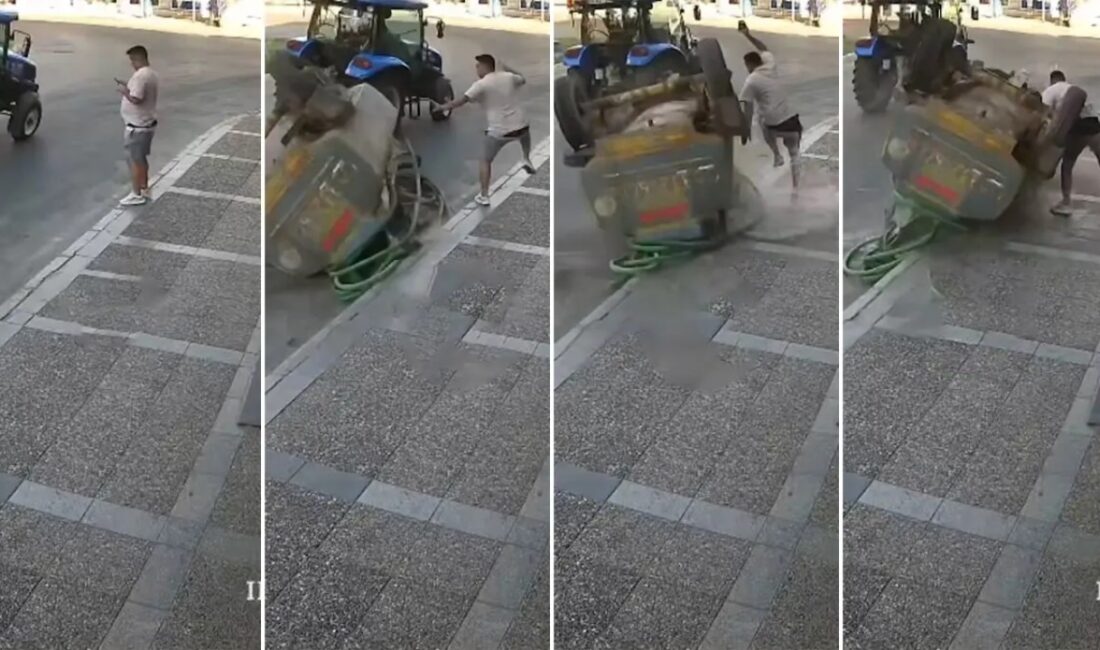 İzmir'in Buca ilçesinde traktör arkasındaki su tankeri kontrolden çıkarak kaldırıma