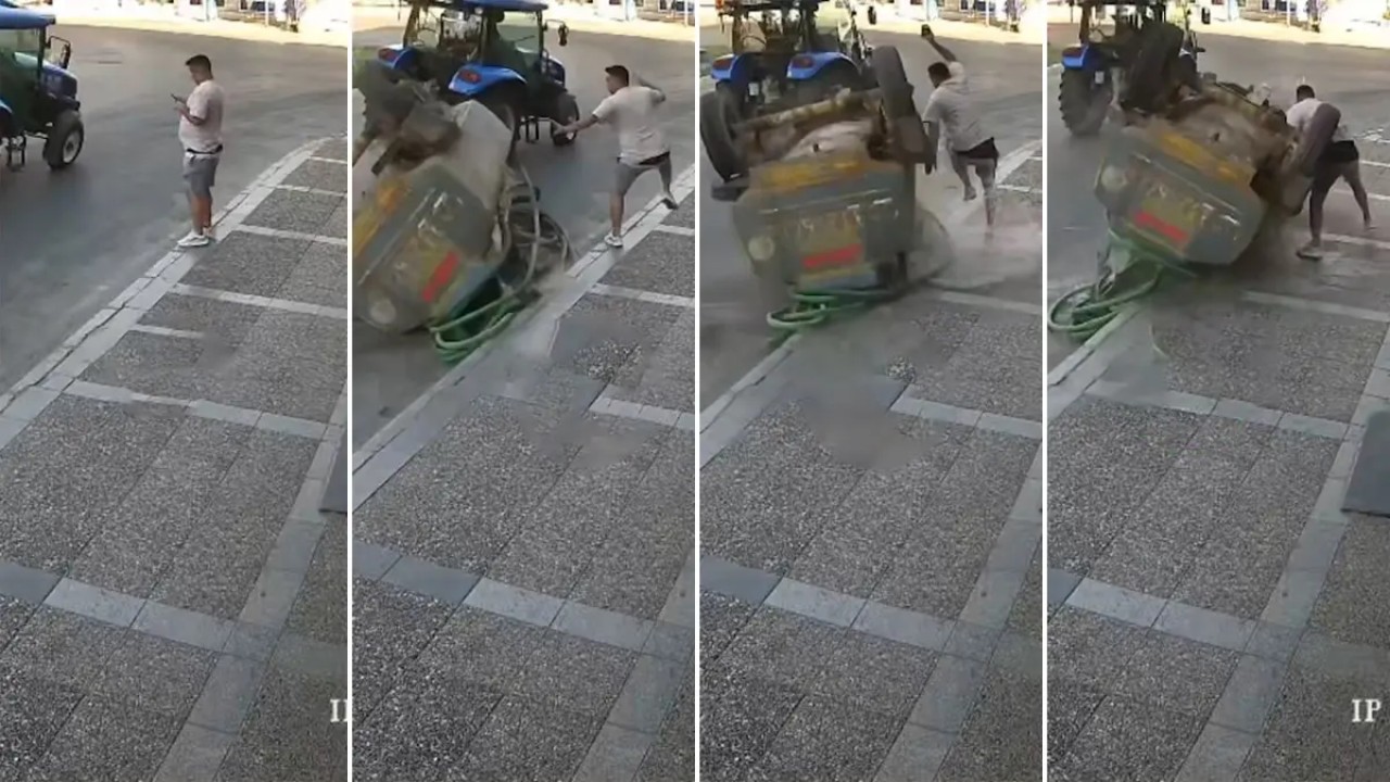 İzmir'in Buca ilçesinde traktör arkasındaki su tankeri kontrolden çıkarak kaldırıma
