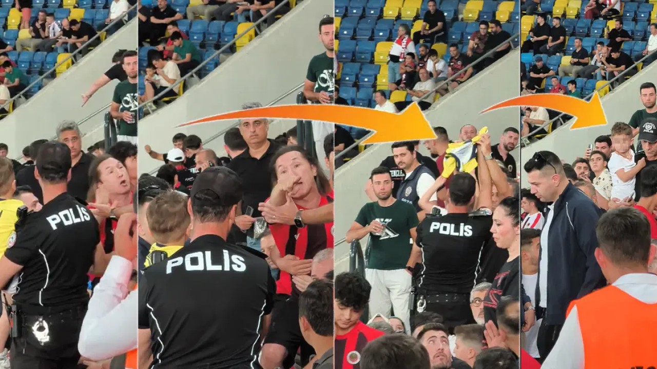 Gençlerbirliği tribününde babasıyla oturan küçük bir Fenerbahçe taraftarının forması zorla