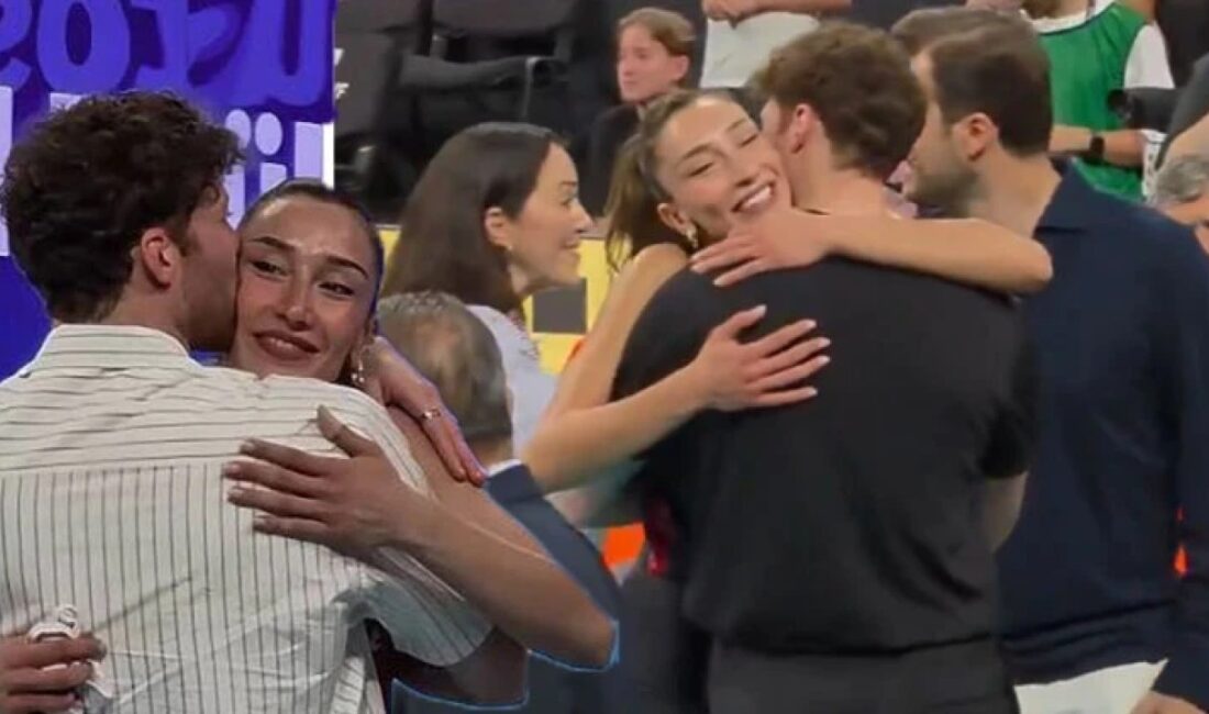 Milli voleybolcu Hande Baladın, Slovenya galibiyetinin ardından tribündeki sevgilisi Onuralp