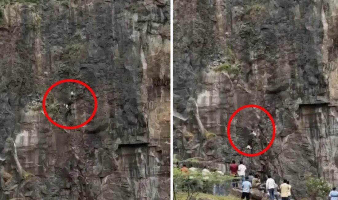 Hindistan'da bir baba, uçurumdan atlamaya çalışan oğlunu engellemeye çalışırken ikisi