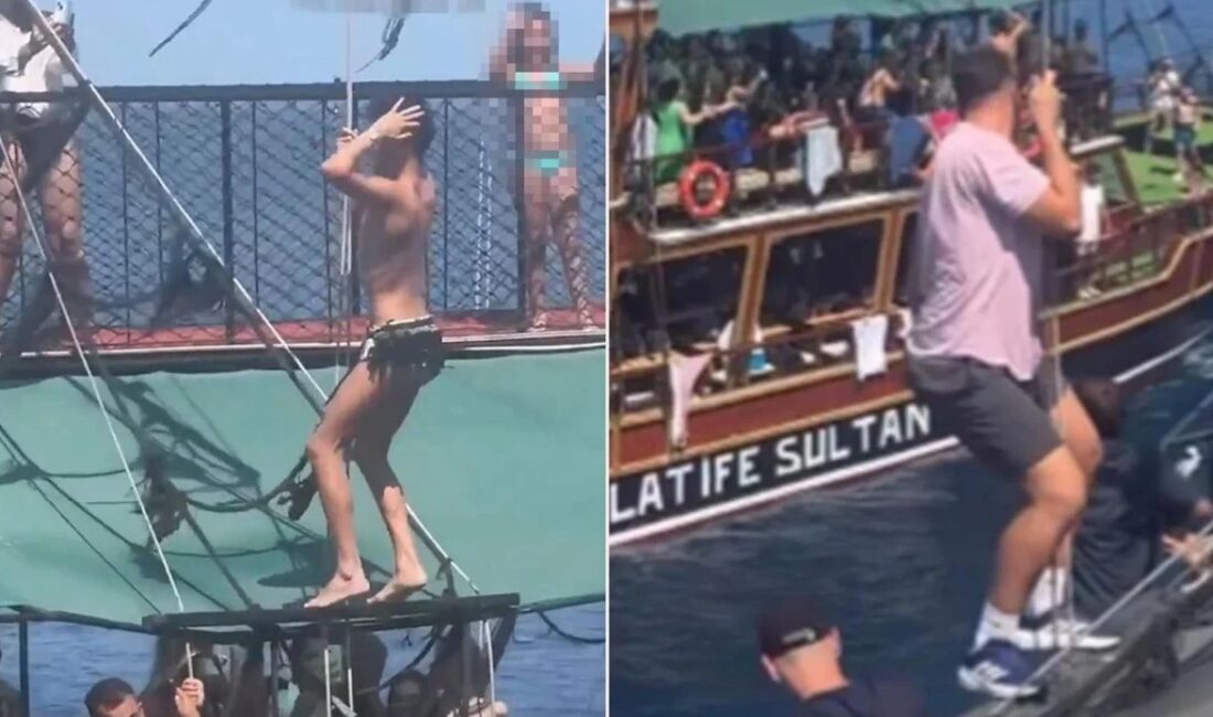 Marmaris'te düzenlenen tekne turlarında kaydedilen görüntüler, teknede kostümlü erkek dansçıların