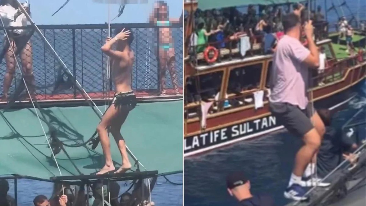 Marmaris'te düzenlenen tekne turlarında kaydedilen görüntüler, teknede kostümlü erkek dansçıların