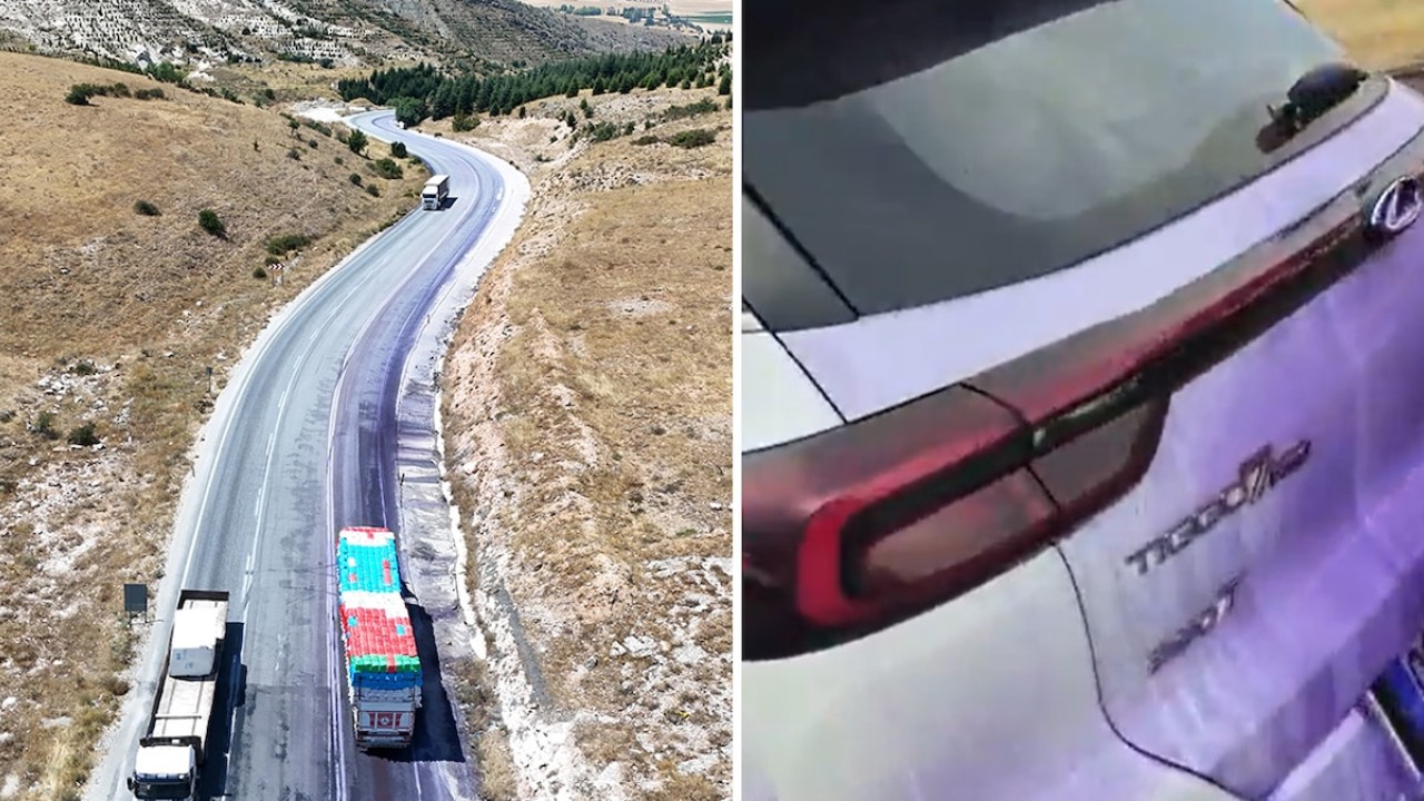 Afyonkarahisar'da yola dökülen boya, karayolunu kullanan tüm araçların mora boyanmasına